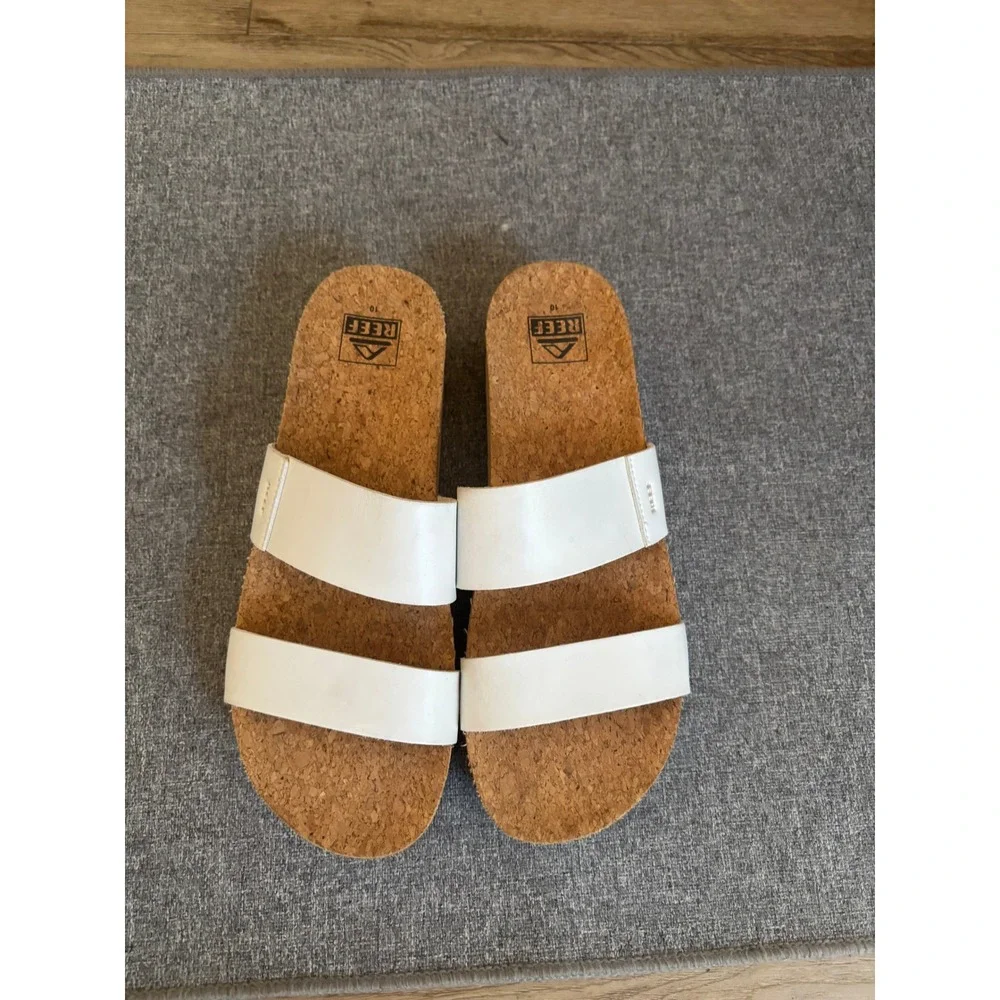 Reef Cushion Vista Hi White Platform Slide Sandals Womens 10 Cork Footbed